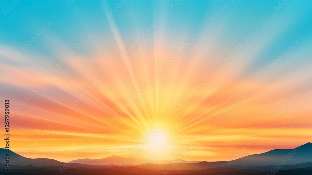 Fototapeta premium Sunrise panorama, vivid colors, orange, yellow, blue, pixelated style, sun rays, clouds, horizon, mountains, peaceful atmosphere, digital art