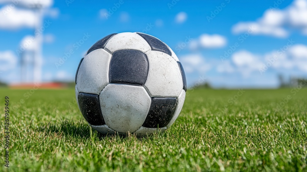 Naklejka premium Close up of a vintage ball resting on a grassy field under a partly cloudy blue sky. The ball is black and white with a textured surface and shows