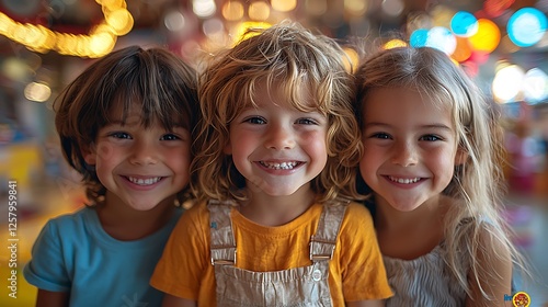 Three happy kids pose playfully in a children's center, their bright expressions and fun demeanor filling the frame.