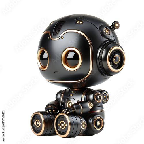 Cute 3D Black Robot AI with Golden Eyes and Side View isolated on white background