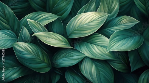 Lush Green Leaves Overlapping in a Natural Arrangement with Soft Lighting and Subtle Shadows