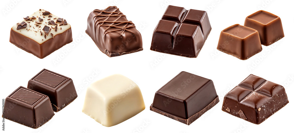 Fototapeta premium Assorted set of chocolate pieces in different shapes isolated on a transparent background