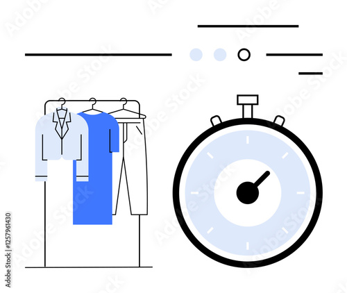 Clothes rack with blue and grey attire large stopwatch lines and dots. Ideal for fashion, organization, scheduling, punctuality, productivity, minimalism, time management. Line metaphor