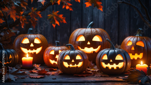 Collection of spooky glowing jack o lantern pumpkins with menacing expressions placed together on the ground with autumn leaves in a dark mysterious Halloween setting at night photo