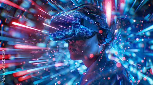 School student with VR headset using AI artificial intelligence technology & machine learning. Interactive technology in classroom. Innovation & smart tech. AI blue hologram,  virtual education