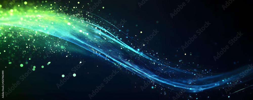 Fototapeta premium Abstract Blue and Green Light Wave with Sparkling Particles Background Image