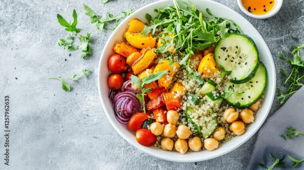 A colorful quinoa salad with roasted vegetables, chickpeas, and fresh herbs, served in a modern white bowl with a light vinaigrette dressing A colorful quinoa salad with roasted vegetables, chickpeas, and fresh herbs, served in a modern white bowl with a light vinaigrette dressing