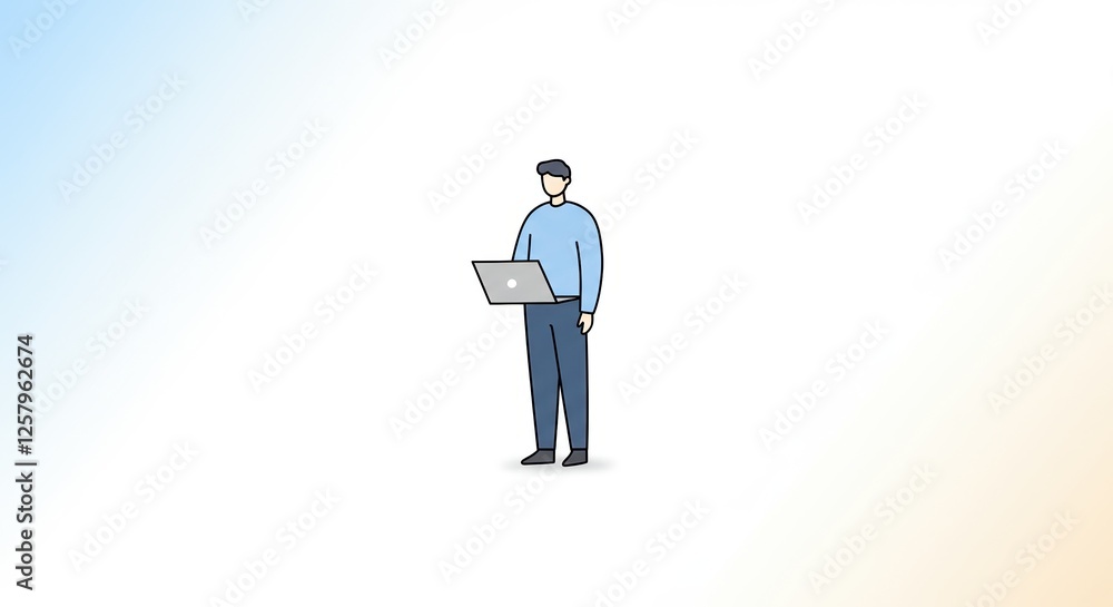 Minimalist Illustration of a Man Standing with a Laptop in Hand on Gradient Background with White Space for Creative Design and Workplace Concepts Minimalist Illustration of a Man Standing with a Laptop in Hand on Gradient Background with White Space for Creative Design and Workplace Concepts