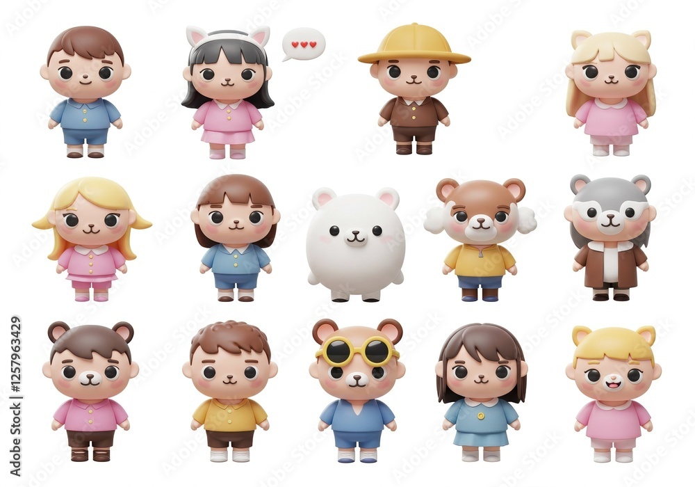 Cute Cartoon Character Set Illustration Featuring Adorable Animal and Human Figures with Heart Speech Bubble Cute Cartoon Character Set Illustration Featuring Adorable Animal and Human Figures with Heart Speech Bubble