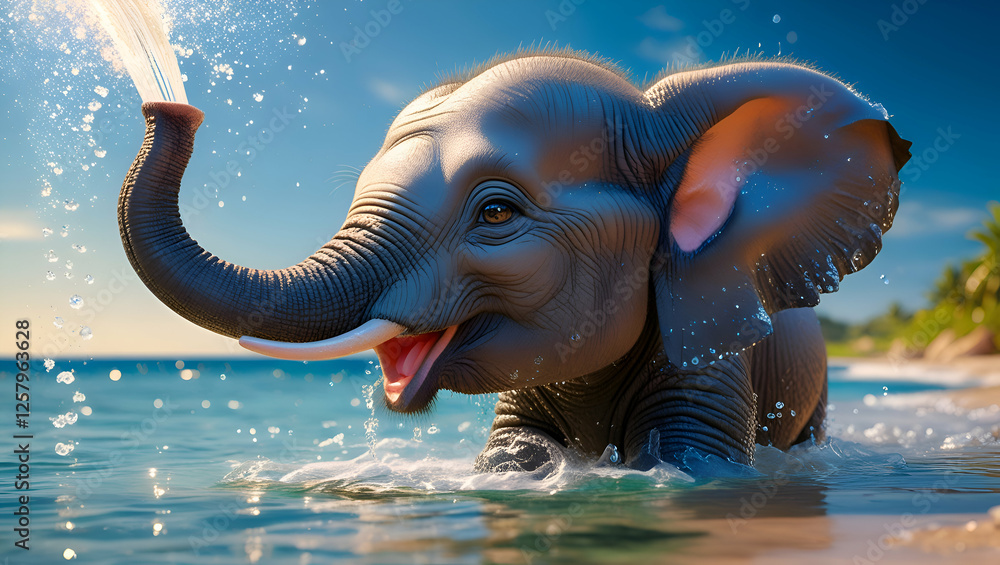 Obraz premium Elephant Is Bathing in Sea Water, National Animal, Religious Animal, world wildlife day, International Wildlife Week, Generative Ai