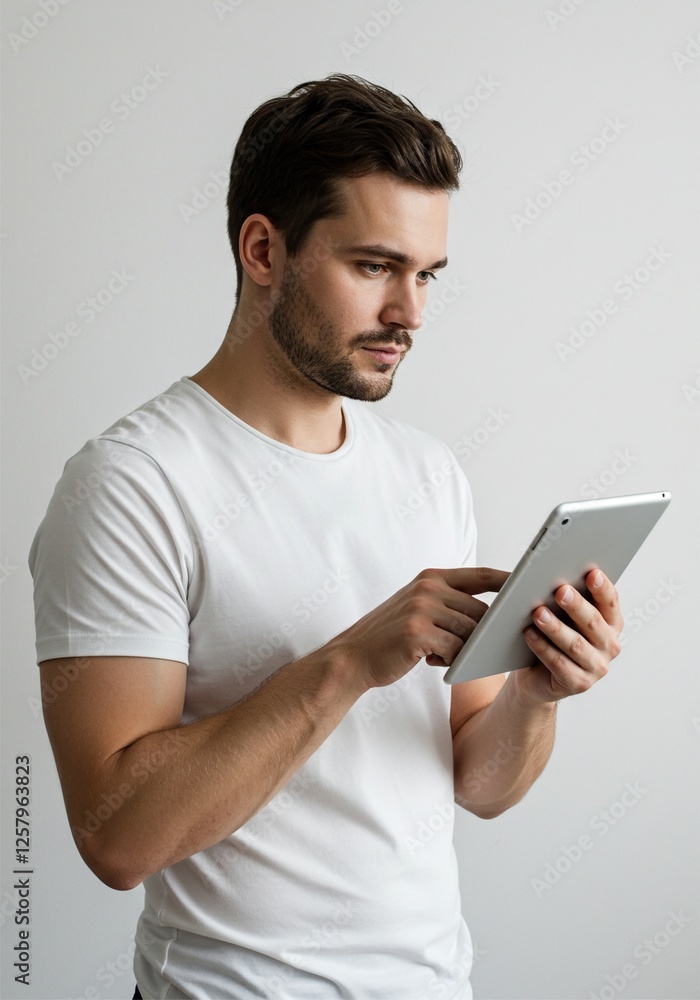 Happy young man using digital tablet wearing plain t-shirt isolated on white background . Ai generative Happy young man using digital tablet wearing plain t-shirt isolated on white background . Ai generative
