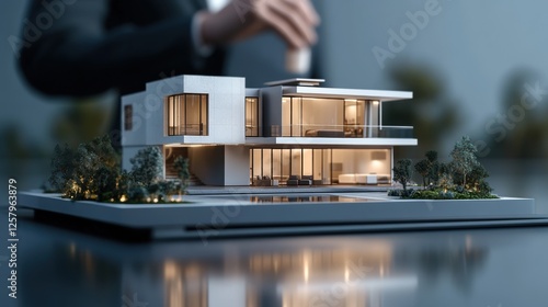 A sleek and modern real estate portfolio image, ultra-detailed and shot in the studio, featuring a real estate agent presenting a luxury home listing, 