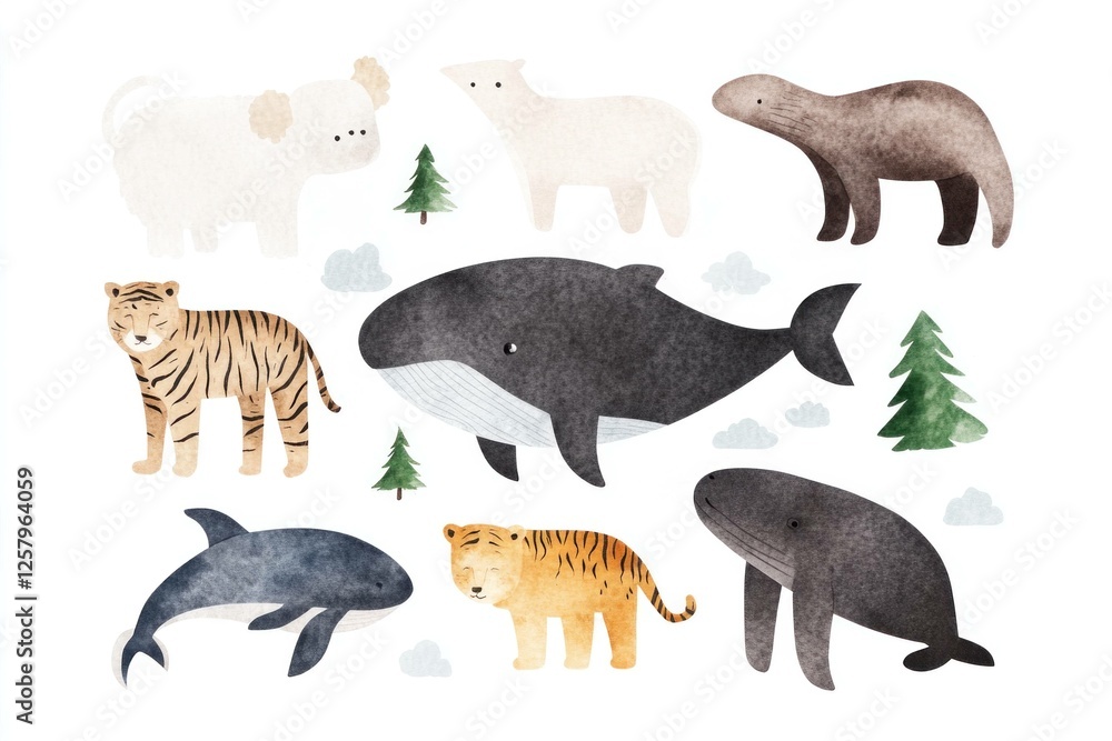 Fototapeta premium Cartoon style animals white bear, whale, tiger, and more in a colorful illustration suitable for children s books and educational materials