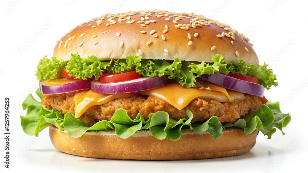 High-resolution PNG: Juicy chicken burger, isolated on white, realistic, delicious fast food. High-resolution PNG: Juicy chicken burger, isolated on white, realistic, delicious fast food.