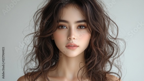 Wallpaper Mural Portrait of a young woman with wavy hair, soft makeup, and neutral background, exuding confidence Torontodigital.ca