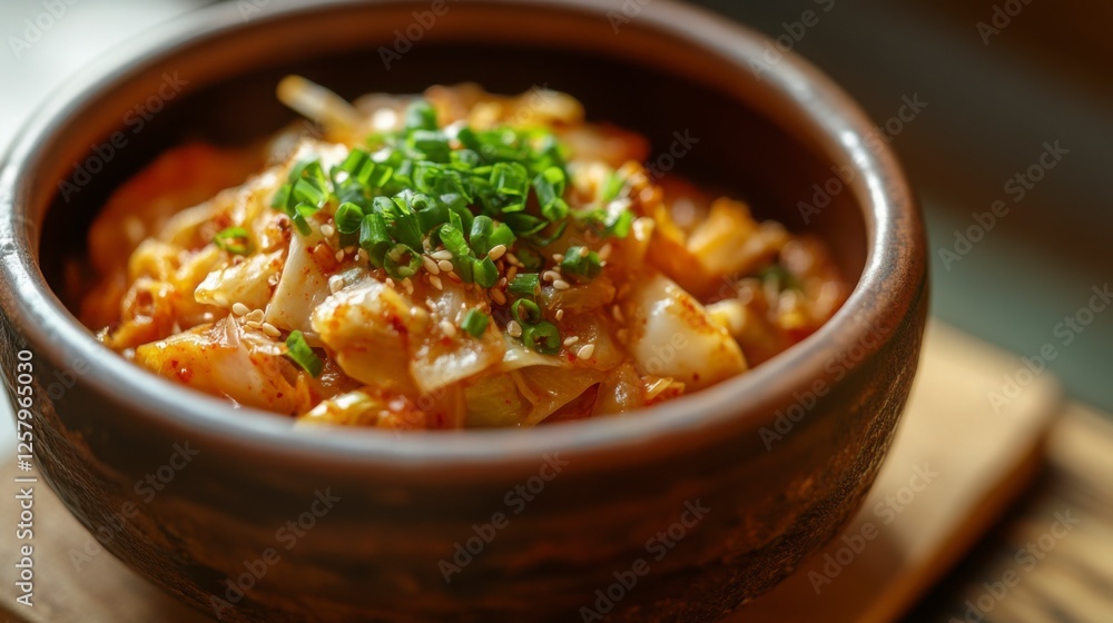 A fresh bowl of Korean kimchi with napa cabbage, garlic, and chili paste, garnished with green onions, served in a traditional clay dish A fresh bowl of Korean kimchi with napa cabbage, garlic, and chili paste, garnished with green onions, served in a traditional clay dish