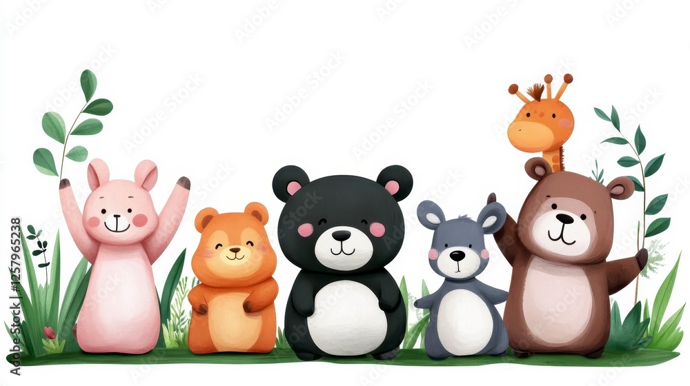 Naklejka premium Cute cartoon animals, including a bear, giraffe, rabbit, and others, positioned together in a row. The animals are painted with soft pastel colors