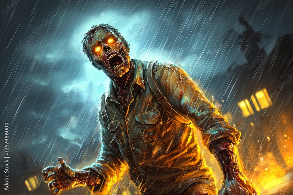Dark night scene featuring a zombie in a rainstorm amidst a glowing urban backdrop Dark night scene featuring a zombie in a rainstorm amidst a glowing urban backdrop