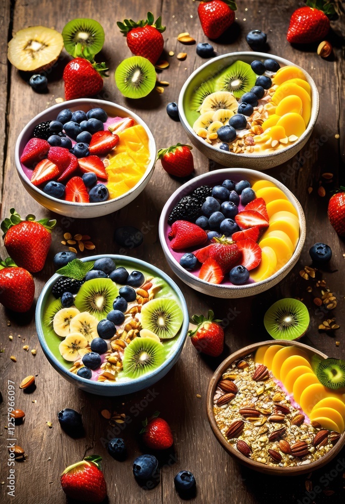 dynamic arrangement vibrant smoothie bowls fresh fruits ingredients colorful composition, banana, berry, mango, kiwi, yogurt, granola, chia, toppings dynamic arrangement vibrant smoothie bowls fresh fruits ingredients colorful composition, banana, berry, mango, kiwi, yogurt, granola, chia, toppings