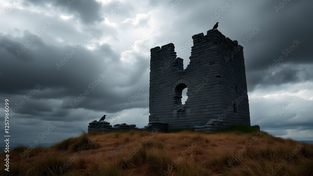 Ruined Tower: A crumbling stone tower stands against a backdrop of ominous storm clouds, with crows perched on its weathered walls. The ruins evoke a sense of mystery and forgotten history. Ruined Tower: A crumbling stone tower stands against a backdrop of ominous storm clouds, with crows perched on its weathered walls. The ruins evoke a sense of mystery and forgotten history.