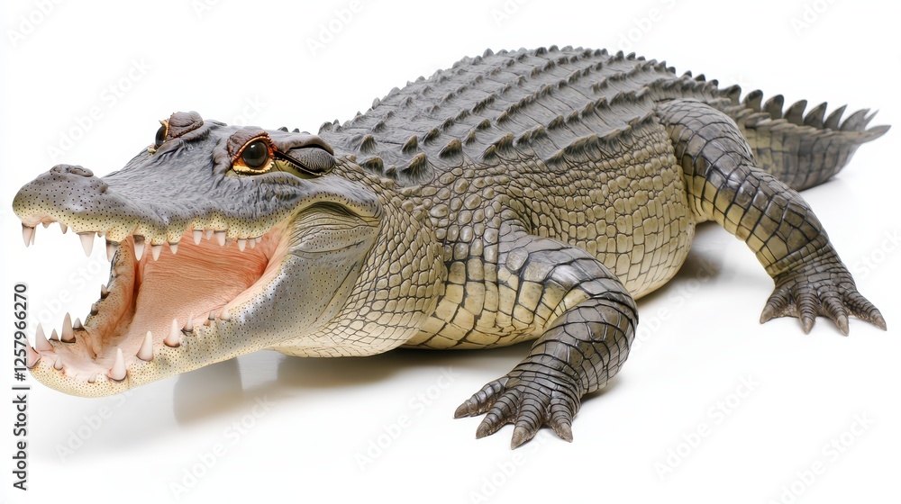 Full body studio shot of a large reptile, mouth wide open, set against a pure white background. The reptile's skin displays a mottled pattern of gray Full body studio shot of a large reptile, mouth wide open, set against a pure white background. The reptile's skin displays a mottled pattern of gray