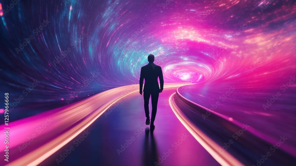 Back view of businessman walking on abstract space road. Innovation concept Back view of businessman walking on abstract space road. Innovation concept