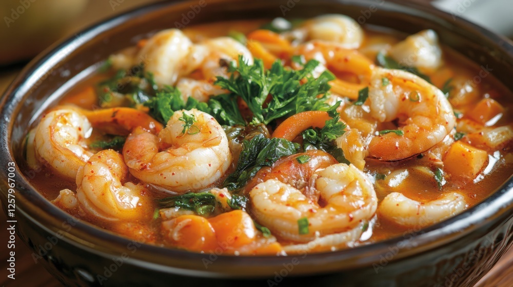 A Korean-style spicy seafood stew (Jjamppong) with shrimp, squid, and vegetables in a rich, spicy broth, served in a ceramic bowl A Korean-style spicy seafood stew (Jjamppong) with shrimp, squid, and vegetables in a rich, spicy broth, served in a ceramic bowl
