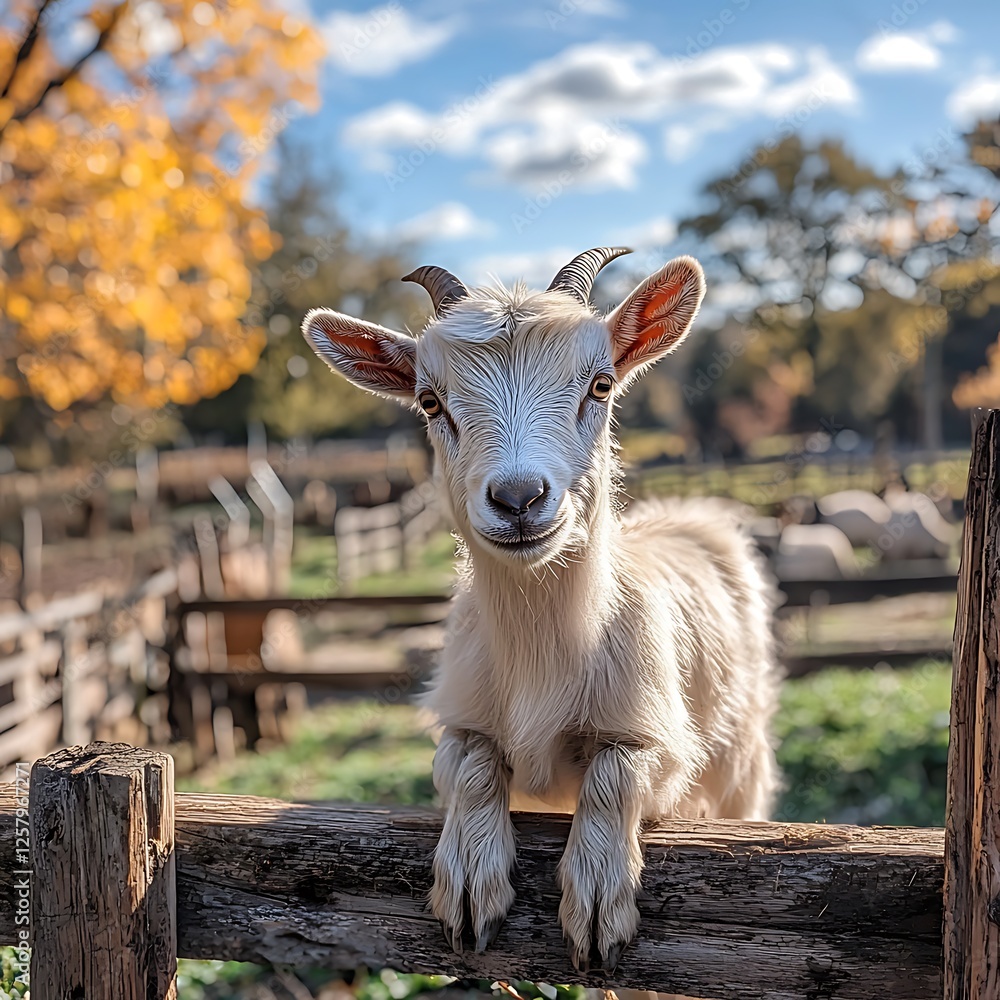 Obraz premium Goat standing on a wooden platform looking curiously at the camera with a vibrant farmyard scene behind