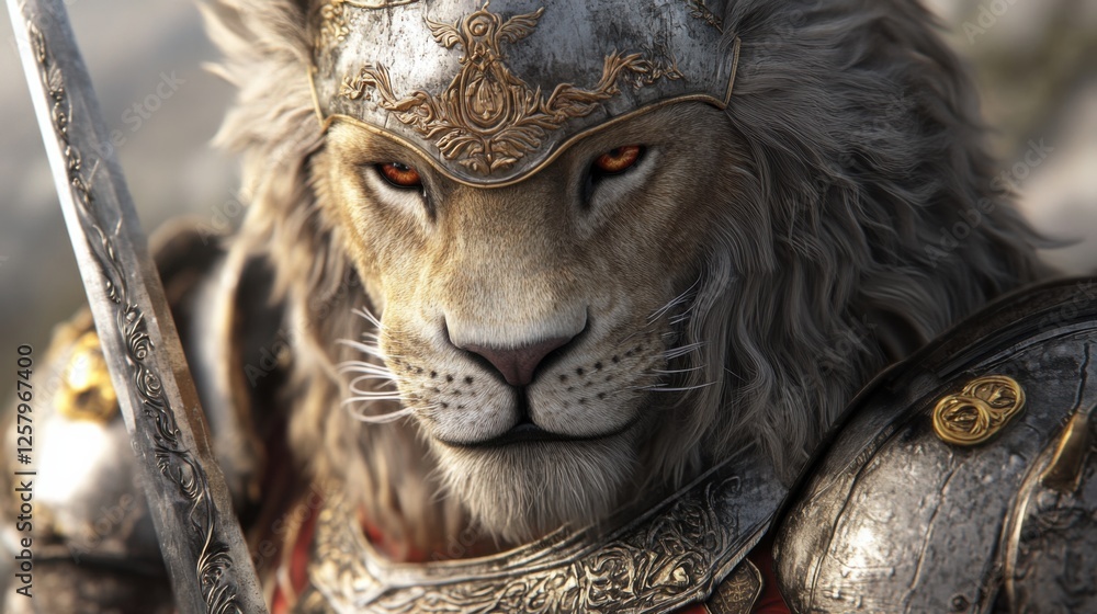 Close-up of a personified lion with armor and a sword, showcasing the brave and noble side of anthropomorphized wildlife. Ideal for medieval-themed art and fantasy illustrations. Close-up of a personified lion with armor and a sword, showcasing the brave and noble side of anthropomorphized wildlife. Ideal for medieval-themed art and fantasy illustrations.