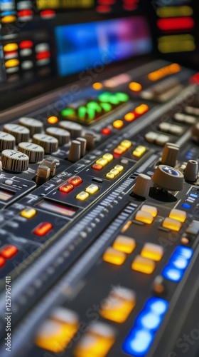 Control panel with colorful buttons and levers during a live broadcast in a broadcast studio photo