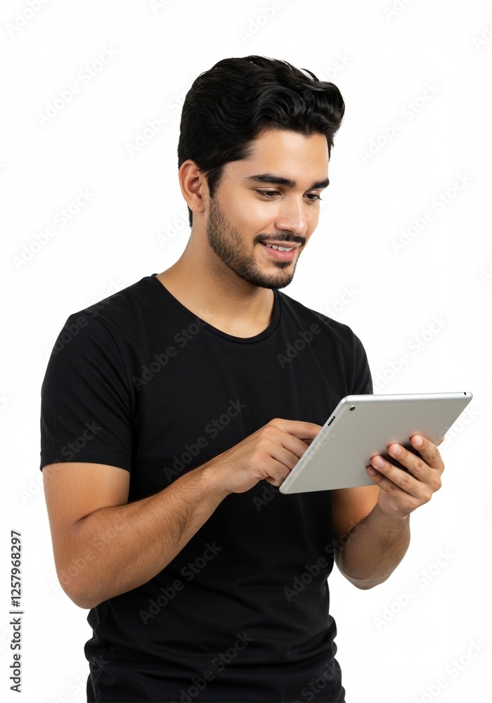 Happy young man using digital tablet wearing plain t-shirt isolated on white background . Ai generative Happy young man using digital tablet wearing plain t-shirt isolated on white background . Ai generative
