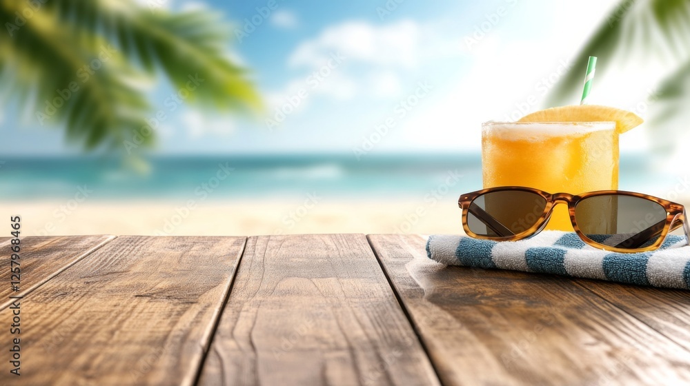 Refreshing tropical drink with sunglasses on a wooden table by the beach under a clear sky Refreshing tropical drink with sunglasses on a wooden table by the beach under a clear sky