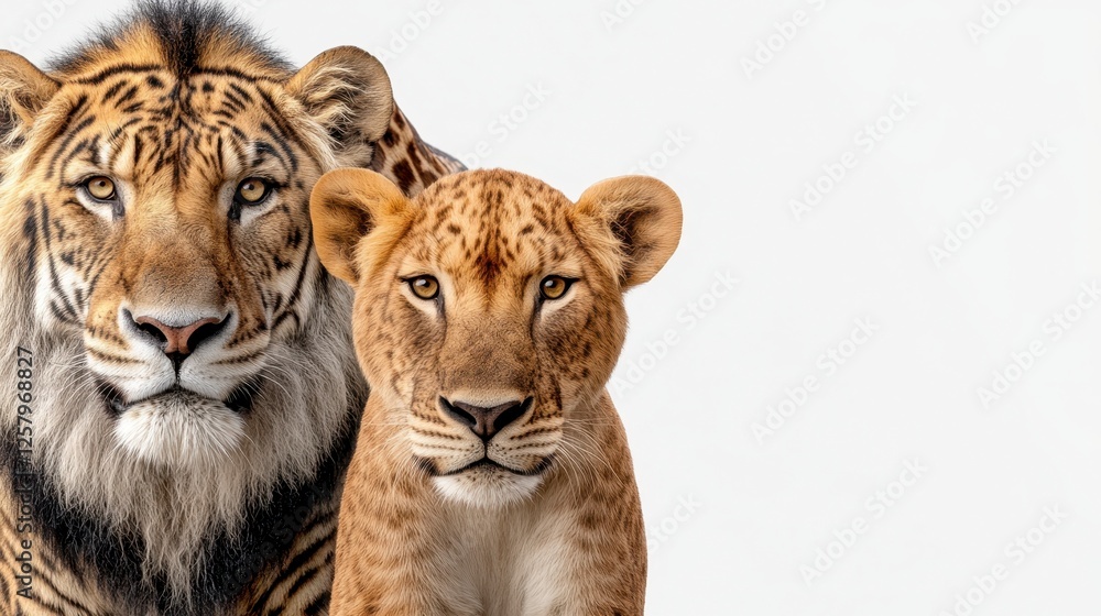 Fototapeta premium Closeup portrait of two large felines, an adult and a smaller cub, set against a plain white background. The animals are facing forward, with