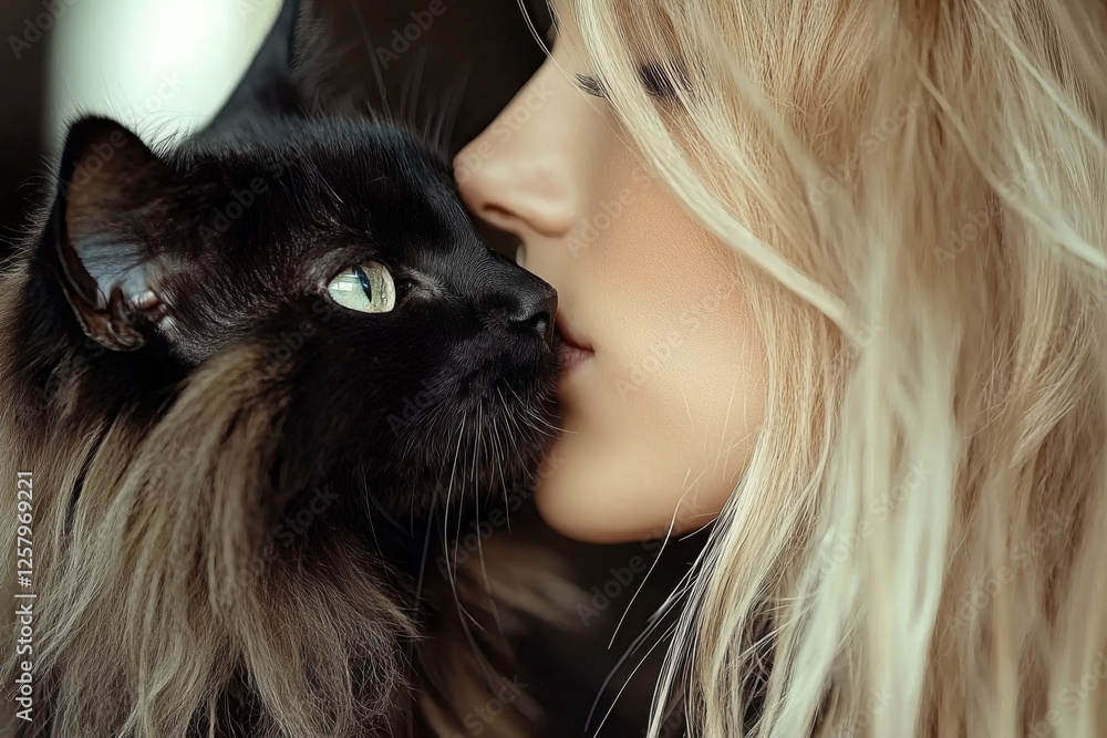 Woman interacts closely with a black cat in a serene indoor setting during daylight Woman interacts closely with a black cat in a serene indoor setting during daylight