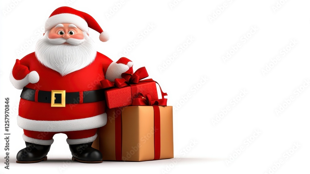A cartoon figure of Santa Claus stands beside a large gift box, against a plain white background. Santa is dressed in a traditional red and white A cartoon figure of Santa Claus stands beside a large gift box, against a plain white background. Santa is dressed in a traditional red and white