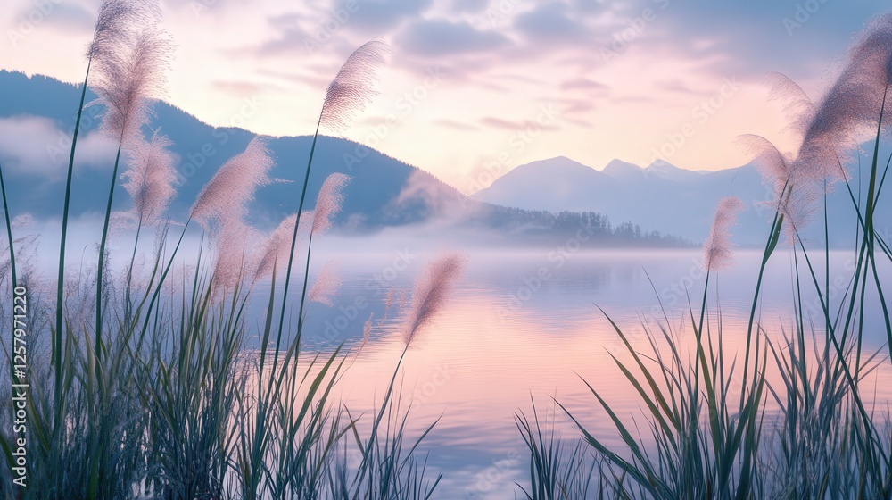 a calm lake shore during twilight, featuring reeds swaying in the breeze, distant mountain reflections on the water a calm lake shore during twilight, featuring reeds swaying in the breeze, distant mountain reflections on the water