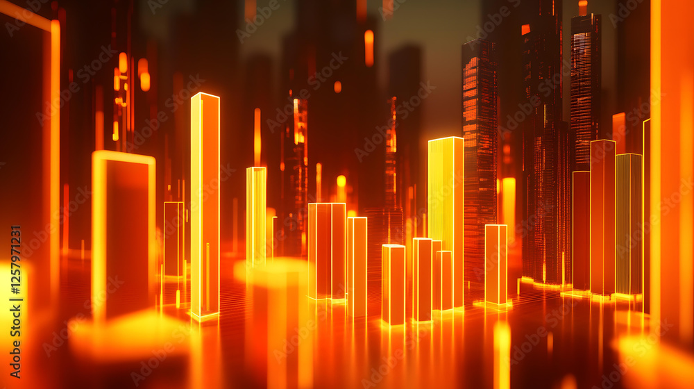 Futuristic Cityscape Illuminated with Glowing Orange Buildings and Structures at Night Futuristic Cityscape Illuminated with Glowing Orange Buildings and Structures at Night
