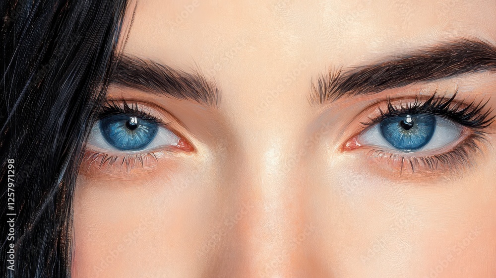 Fototapeta premium Close up view of a person's light complexion, dark eyelashes, and vivid blue eyes. The person's eyebrow is dark brown, and there is a subtle hint of