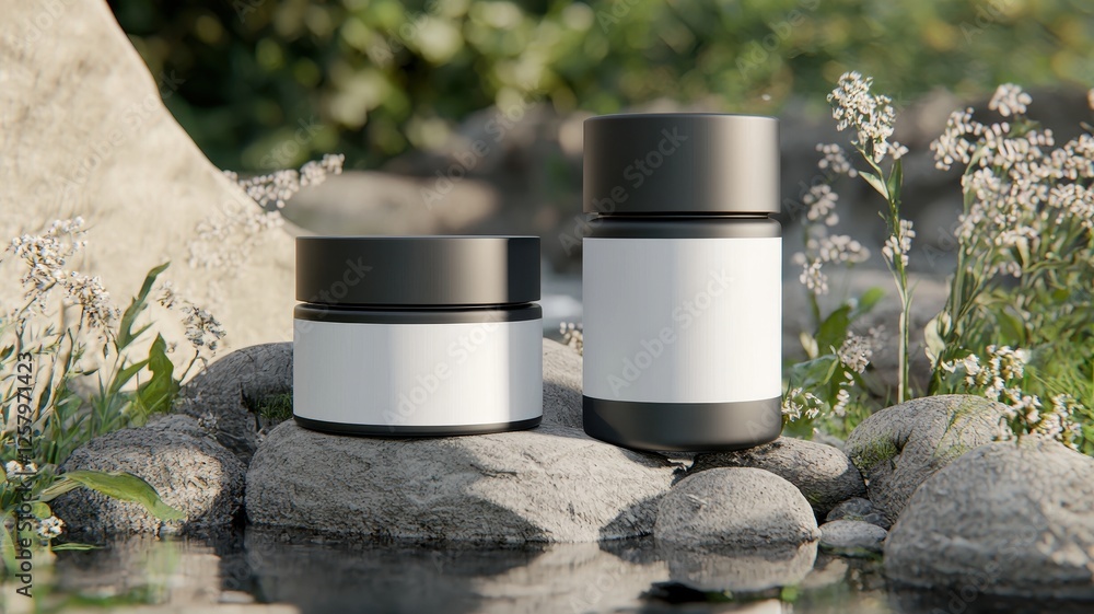 Natural Skincare Products Mockup Black Jars on Rocks by Stream Natural Skincare Products Mockup Black Jars on Rocks by Stream