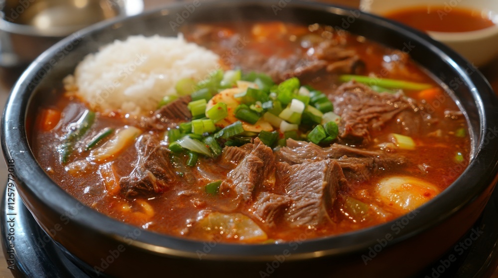 A steaming bowl of Korean beef soup (Galbitang) with tender short ribs, green onions, and a side of steamed rice, served in a traditional bowl A steaming bowl of Korean beef soup (Galbitang) with tender short ribs, green onions, and a side of steamed rice, served in a traditional bowl