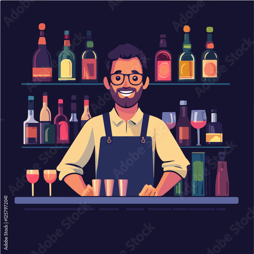 Illustration of a bartender at the bar counter. Male bartender.