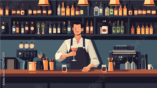 Illustration of a bartender at the bar counter. Male bartender.