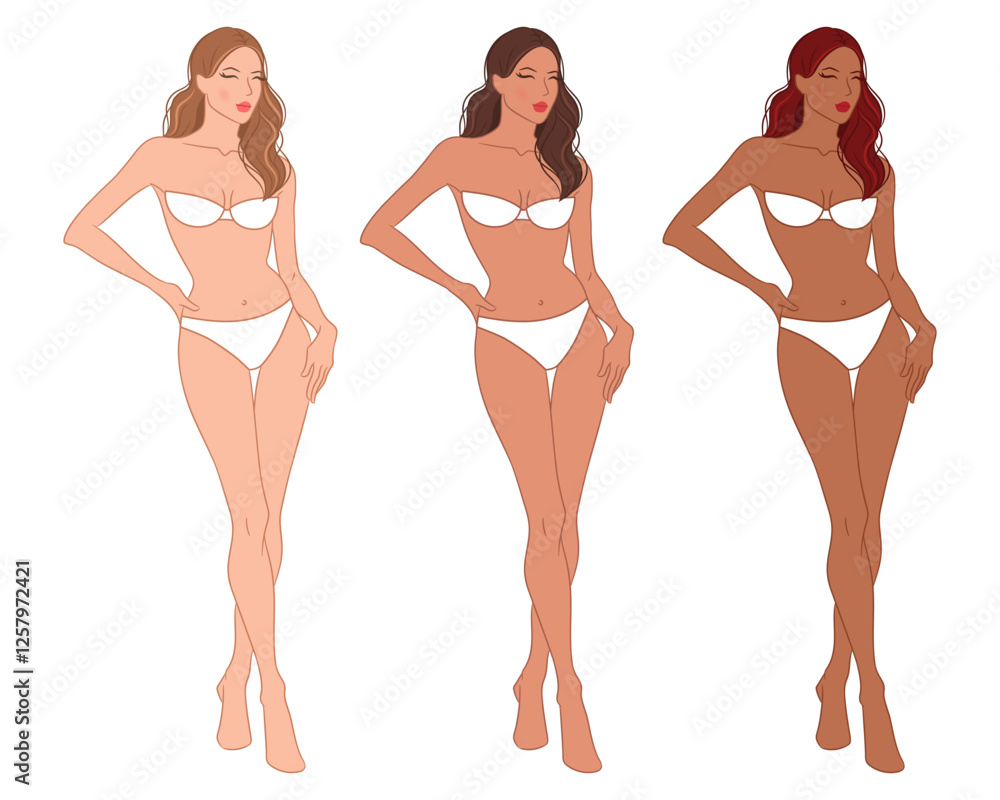 Eight-head fashion figure template. The female fashion croquis. Vector illustration of a young woman wearing lingerie, isolated on a white background. Eight-head fashion figure template. The female fashion croquis. Vector illustration of a young woman wearing lingerie, isolated on a white background.