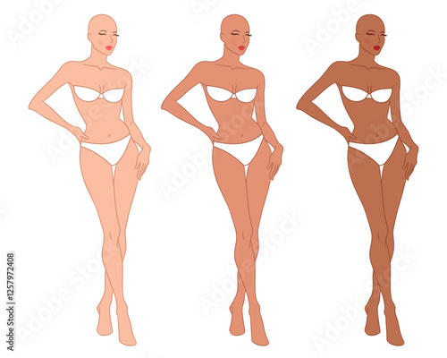 Eight-head fashion figure template. The female fashion croquis. Vector illustration of a young woman wearing lingerie, isolated on a white background.