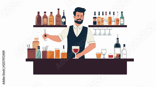 Illustration of a bartender at the bar counter. Male bartender.