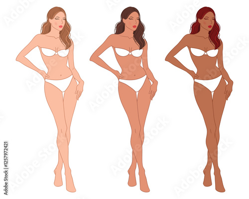Eight-head fashion figure template. The female fashion croquis. Vector illustration of a young woman wearing lingerie, isolated on a white background.