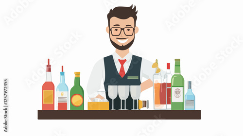Illustration of a bartender at the bar counter. Male bartender.