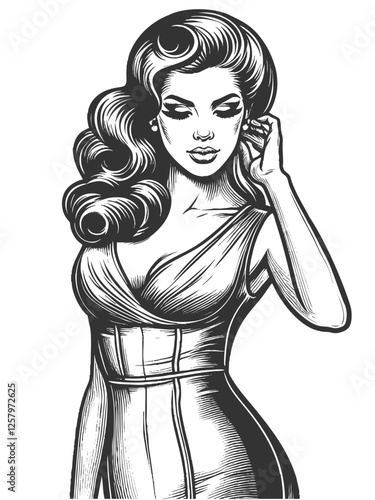 stylish woman with voluminous retro waves, wearing a fitted dress, embodying vintage glamour and sophistication sketch engraving generative ai vector illustration. Scratch board. Black and white image