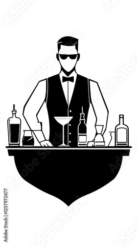 Black and white illustration of a bartender at the bar counter. Male bartender.