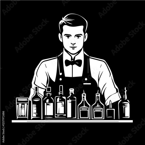 Black and white illustration of a bartender at the bar counter. Male bartender.